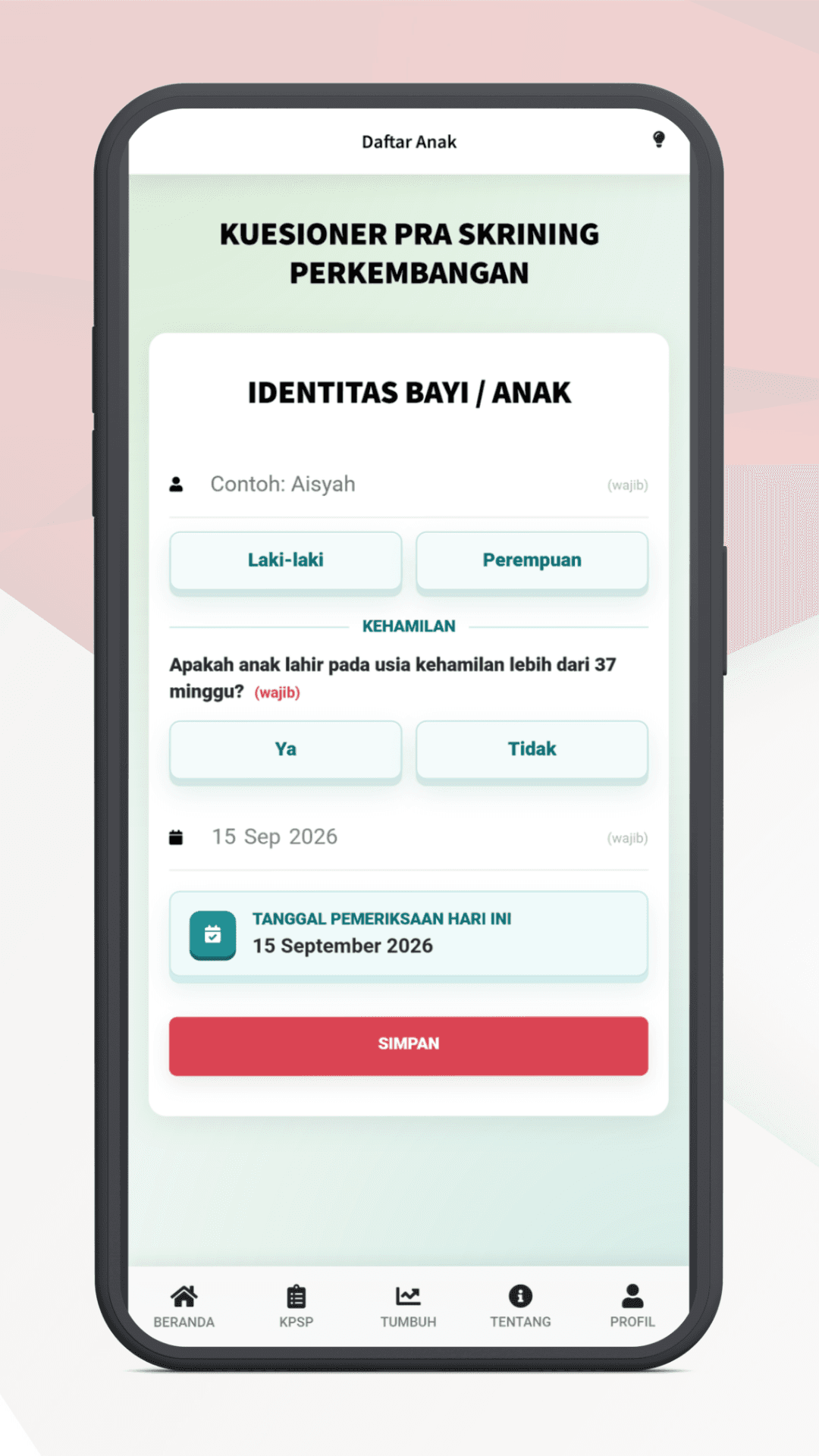 Halaman pendaftaran data anak DTAM